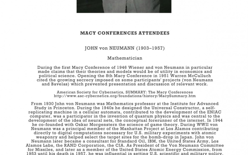 The picture shows a photo of the mathematician John von Neumann at the Macy Conference 1946, below the photo is a short description of the conference and a biography of John von Neumann.