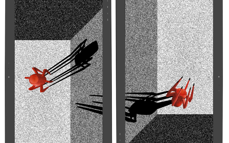 Two rectangular drawings in different shades of grey with a spider-like red figure cast a large shadow 
