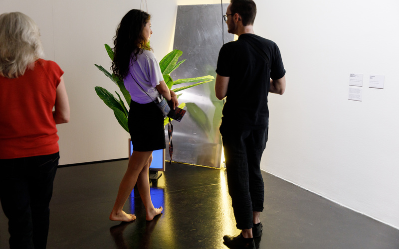 The photo shows a barefoot visitor and a visitor dressed in black in front of an installation leaning against a wall next to a plant.