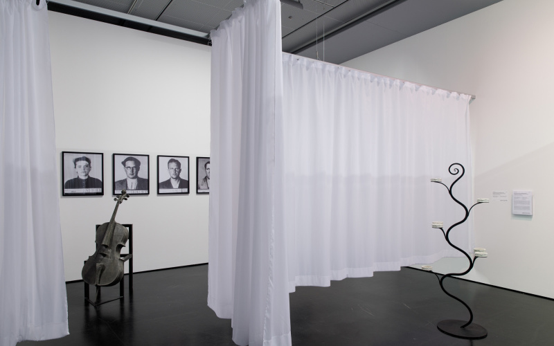 Everything's black and white. On the left side of on the wall are  three and a half framed, hanged portraits. In front, on a chair, a stringless violin. In the middle a white curtain separates the room. On the right a tendril-like black structure.
