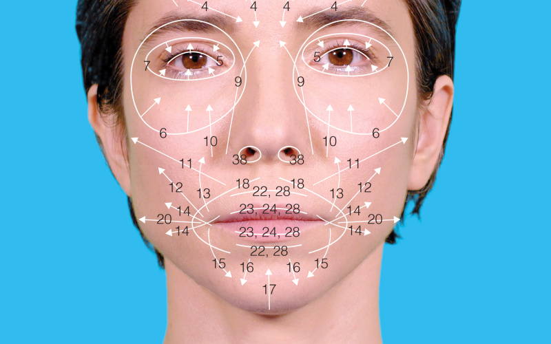 The screenshot shows a woman looking frontally into the camera. Various arrows are shown on her face.