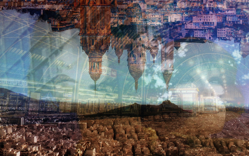Graphic with a forest landscape and a silhouette of a city upside down.