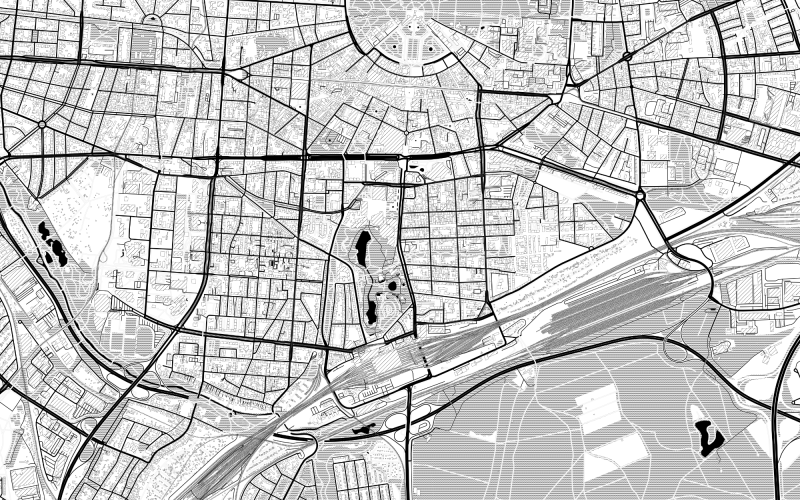 Das Bild zeigt eine schwarz-weiße Stadtkarte von Karlsruhe