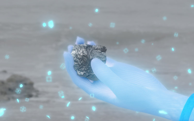 Animated graphic of a blue hand holding a stone