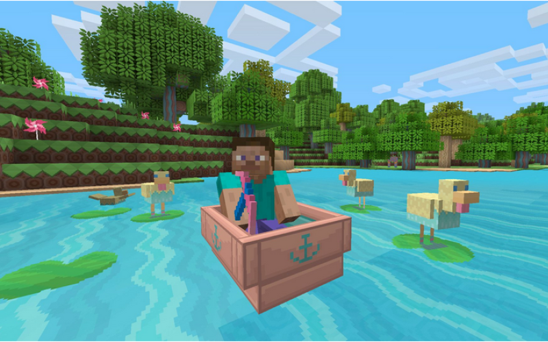 Eine Figur aus wenigen Pixeln sitzt in einem Boot und steuert über einen See