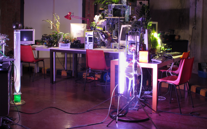 Auf einem Tisch befindet sich ein Sammelsurium an Pflanzen, Computern, Bildschirmen und Lampen.