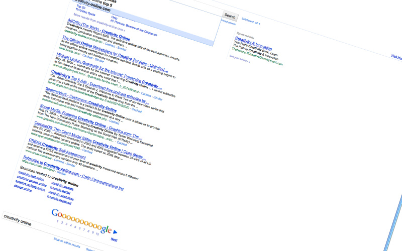 Screenshot of a twisted Google search website with the search »creativity online«.