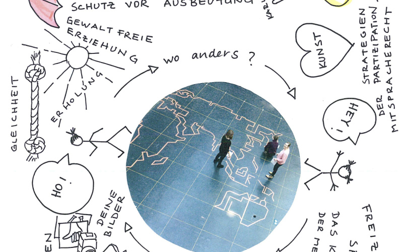 Around a photo of a map on the floor are words written in every which way that deal with topics such as rights, art and kids.