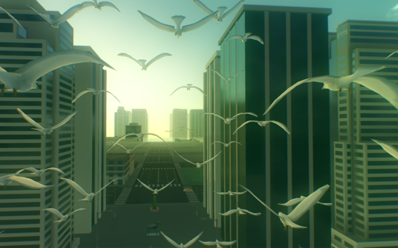 Screenshot from Everything. A swarm of birds flies inbetween skyscapers