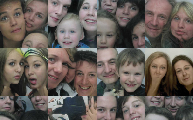 Collage of small passport photos with different people. 