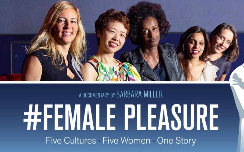 A photo with five women from different cultures, including a banner with the words »#Female Pleasure«.