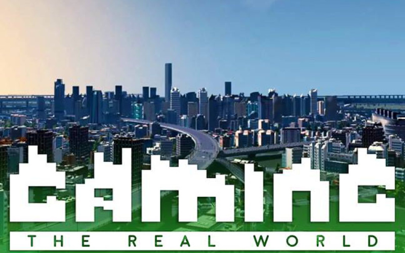 Die Skyline einer Großstadt mit dem Schriftzug »Gaming the real world«