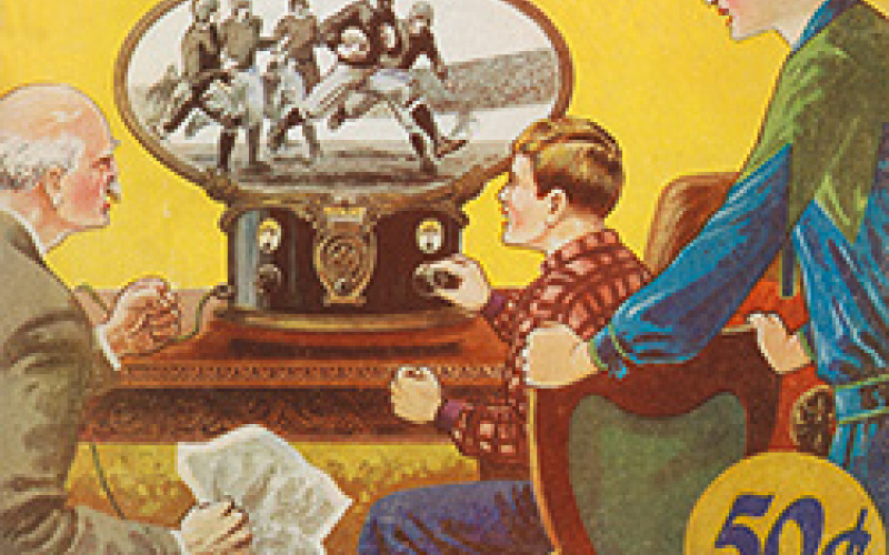 Buchumschlag: Hugo Gernsback (Hg.): All about Television. Ein Junge, ein alter Mann und eine Frau mittleren Alters verfolgen ein Rugby-spiel auf einem antiquierten Fernseher.