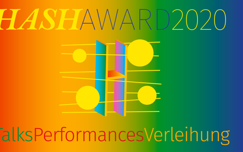 Plakat des HASH Award 2020 am ZKM Karlsruhe. Eine gelb-grüne Grafik aus geometrischen Elementen.