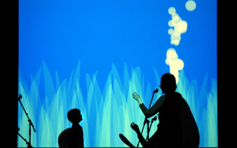 The photo shows the shadows of a child and an adult in front of a screen on which a meadow is animated.