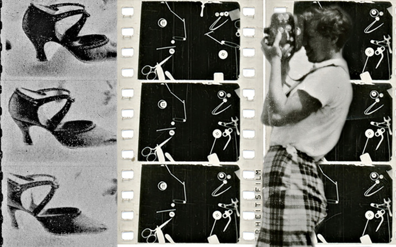 A photomontage of three film strips in black and white, in front a person with a camera.