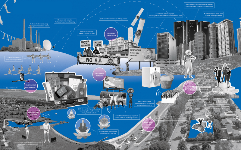 Die digitale Collage hat einen blauen Hintergrund und ihre Akteure sind in schwarz/weiß gehalten. Sie zeigt verschiedene Szenarien von einer Work-Life-Balance der Zukunft.