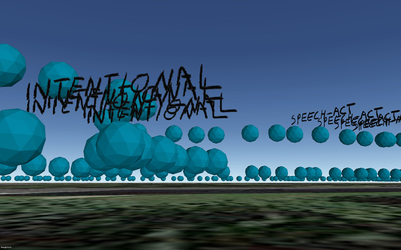 Writing »To Walk a Word: Intentional« in front of a virtual landscape with blue spheres.