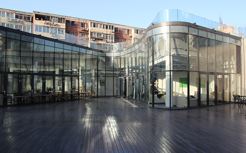 Outside view of a glassy building