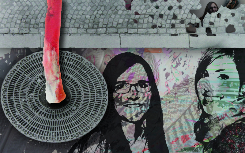 A digital collage with two portraits of women, a sidewalk and a gully cover.