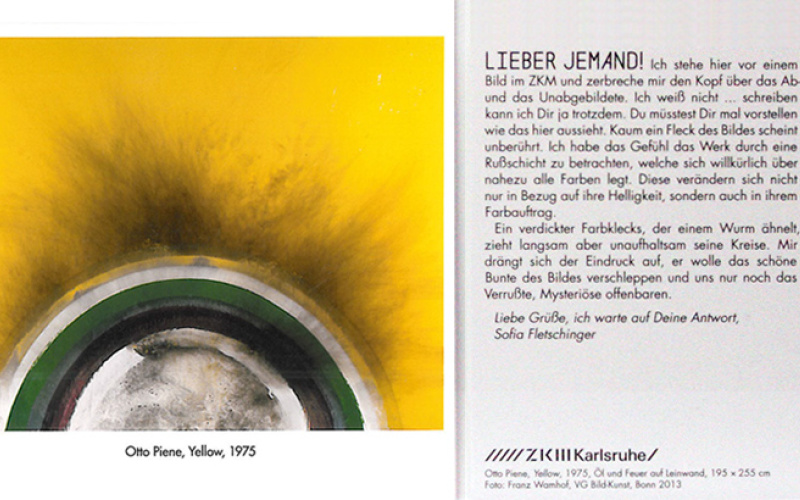 A bookpage shows a yellow painting next to a text