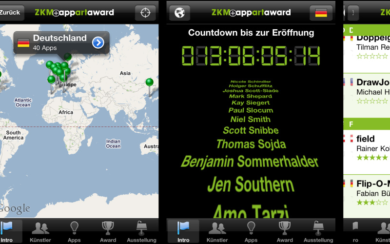 Screenshots of the app »AppArtAward 2011«