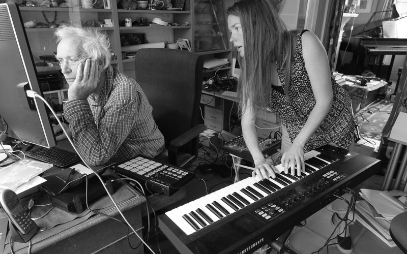 Peter Zinovieff and Lucy Railton working on their music project RFG
