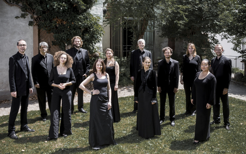 Das Foto zeigt die MusikerInnen des KlangForum Heidelberg, allesamt in schwarz gekleidet, auf einer grünen Wiese.