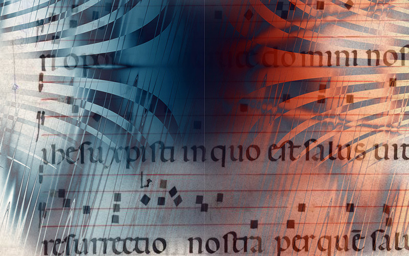 Quadratnotation eines Gregorianischen Chorals, mit Text, nachträglich rot und blau verfärbt