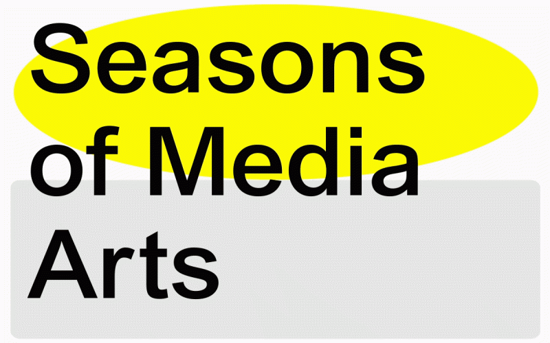The text »Seasons of Media Arts« in front of a yellow ellipse and a grey rectangle.