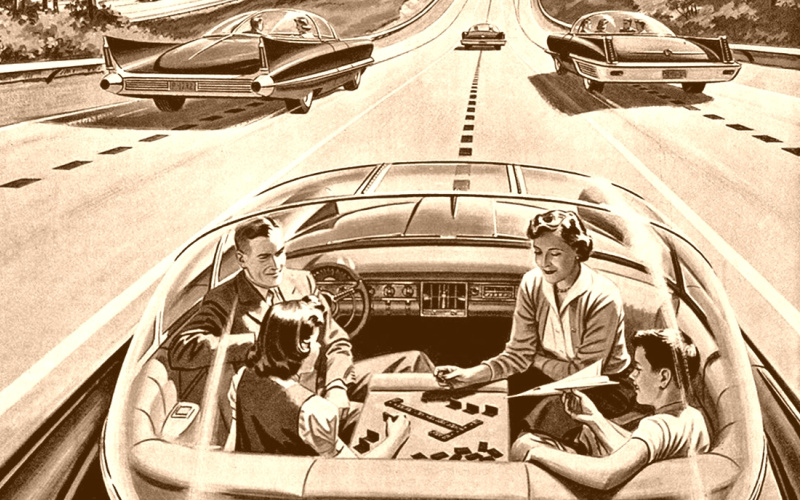 Vintage Zeichnung einer Familie in einem selbstfahrenden Auto.