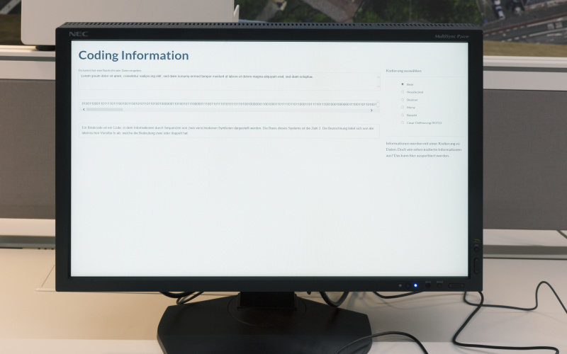 Ein Monitor zeigt einen Text und Binärcode