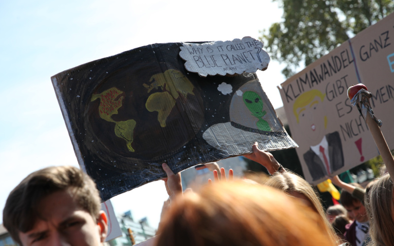 The poster shown was held up by students during the Fridays for Future demonstration on 20 September 2019.