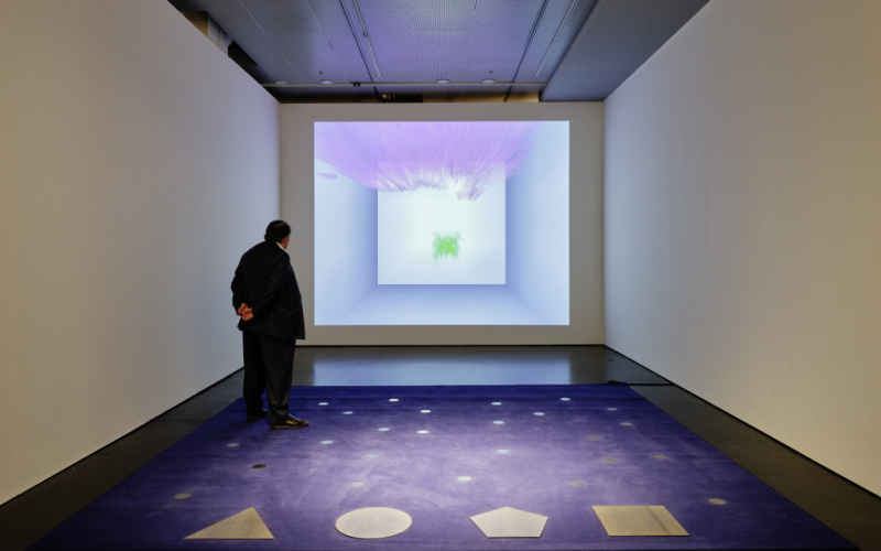 Das Foto zeigt Peter Weibel vor seiner Installation. Ein lila farbener Teppich mit mehreren Punkten auf dem Boden ist zu sehen. Vorne liegen ein Dreieck, ein Kreis, ein Fünfeck und ein Quadrat. Eine Leinwand zeigt einen pinken Farbverlauf und ein Quadrat.