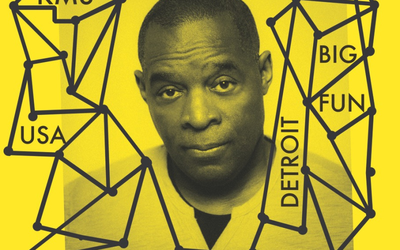 Yellow event poster with the portrait of Kevin Saunderson and information about the event »Detroit Only«