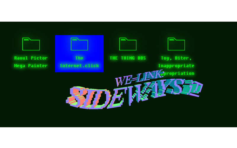Screenshot der Homepage der Ausstellung »We=Link: Sideways« im Chronus Art Center (CAC) Shanghai. Ein schwarzer Hintergrund mit Desktop-Ordnern und dem Titel in bunten Neon-Farben.
