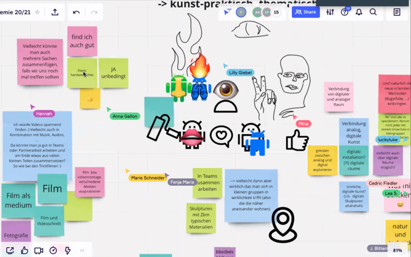 Auf dem Bild ist ein Screenshot von einem Ideenboard mit verschiedenen Zeichnungen und Notizen zu sehen, die im Rahmen der Kulturakademie Baden-Württemberg 2020/21 entstanden sind.