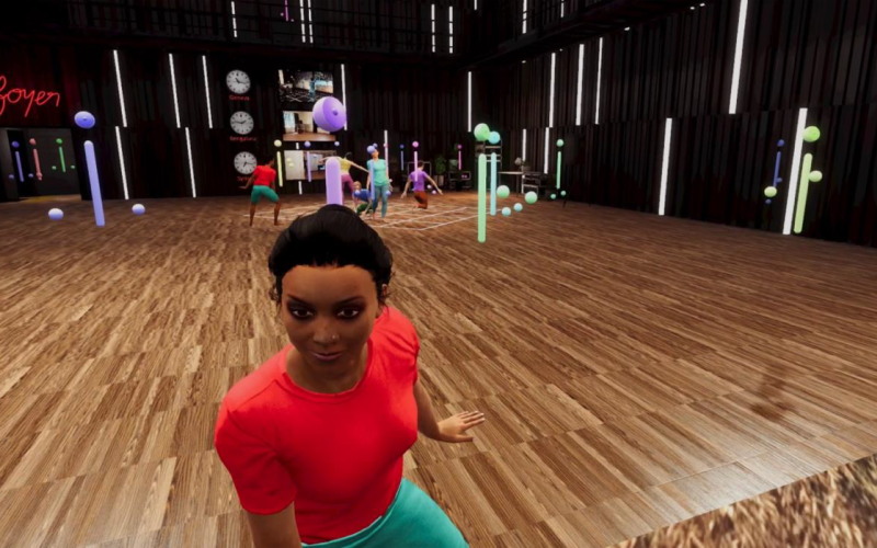 Eine virtuelle Tanzfläche, im Hintergrund tanzen virtuelle Menschen, im Vordergrund sitzt eine virtuelle Frau im roten T-Shirt