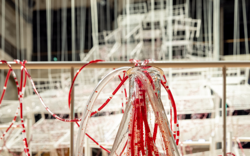 Ausschnitt von Chiharu Shiotas »Connected to Life«. Zu sehen ist ein gläserner, trichterförmiger Behälter, gefüllt mit roter Flüssigkeit und aus ihm herausragenden Schläuchen.