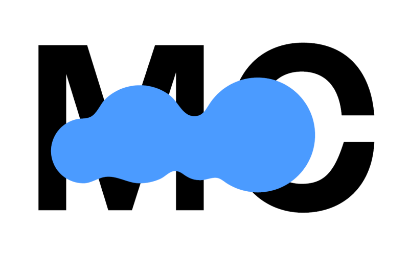 The letters "MC" in black on a white background. Above this a large blue splash of color.