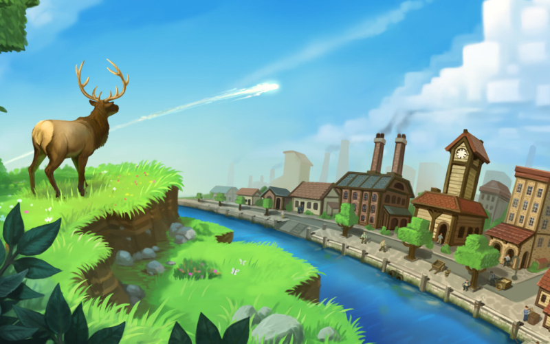 Screenshot des Computerspiels "ECO"; Ein Hirsch schaut auf eine Stadt, die bald von einem Meteorit getroffen wird.