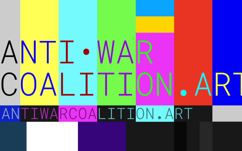 Der Text auf dem Bild lautet Anti War Coalition.Art. Das Bild gleicht einem Testbild. Es sind viele Farbstreifen zu sehen.