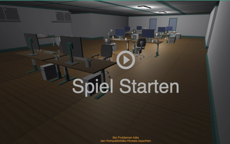 Startbildschirm des Online-Spiels »Phishing Master«, verlassenes animiertes Großraumbüro, darüber der Schriftzug "Spiel starten"