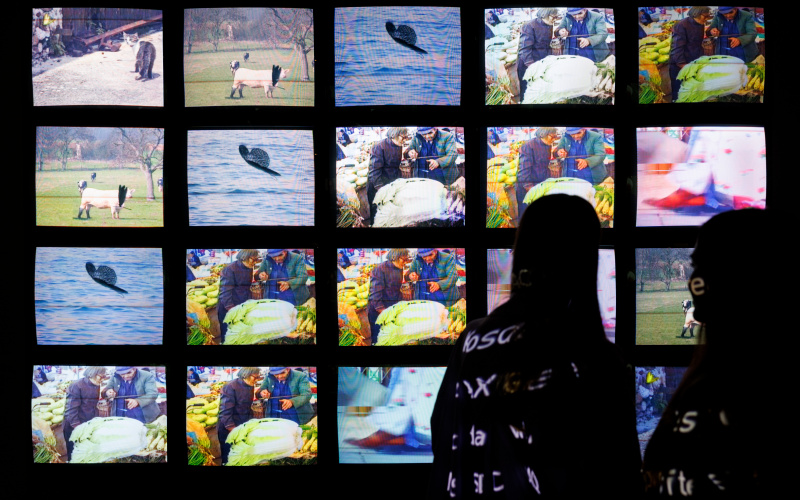 Two people are seen, standing in front of twenty smaller screens.