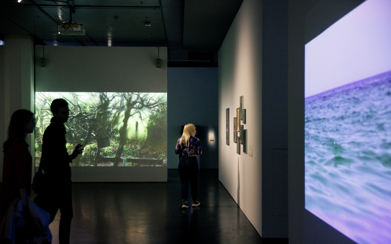 On view is the exhibition "Soun-Gui Kim: Lazy Clouds" at the ZKM. In the back are shots of nature, on the right you can see shots of a sea.