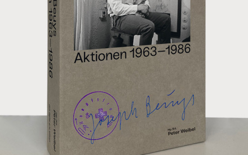 Coverbild der Publikation. In der Mitte steht der Titel »Aktionen 1963–1986«. Darüber ist eine schwarz-weiß Fotografie von einem Mann, der auf einem Stuhl sitzt. Das Buch hat einen gräulichen Einband.