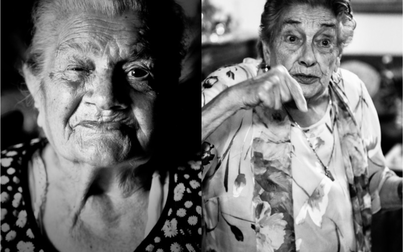 On display are two black and white portraits of two elderly women.
