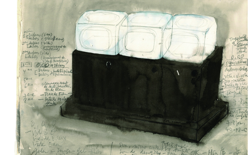 You can see a picture, drawn with watercolor and pencil on paper. It shows a cupboard on which are placed three tube TVs.