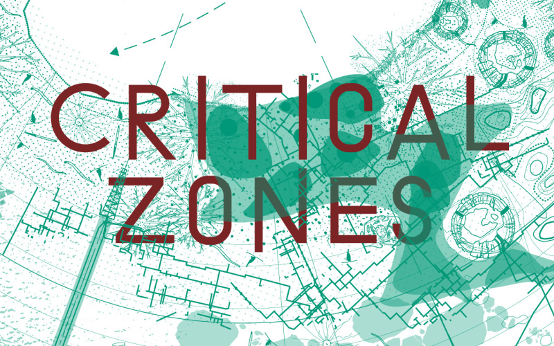 Man sieht eine türkise Weltkarte mit einem roten Schriftzug Critical Zones.