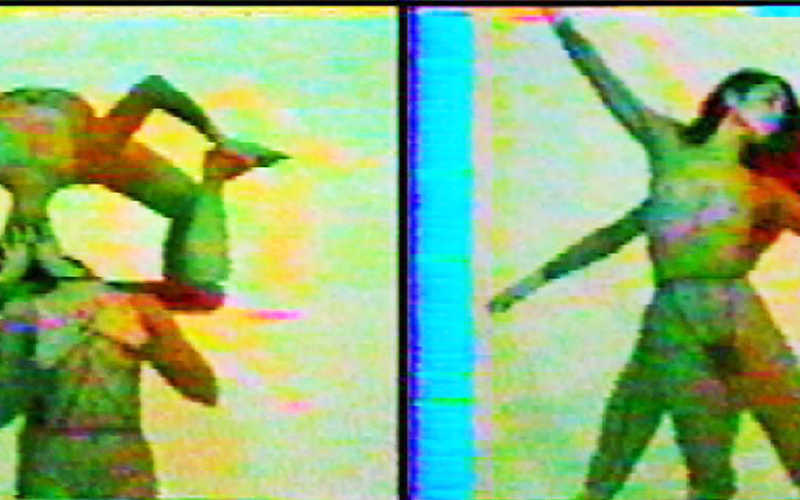 There are three clips of a video showing two dancers. The images are heavily pixelated.